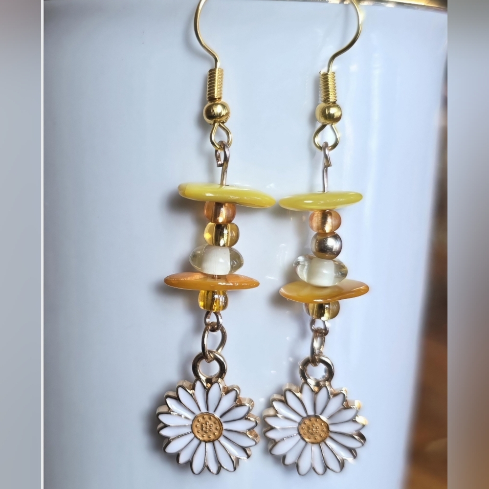 Handmade Yellow Daisy Drop Earrings - White Enamel Flower Charm